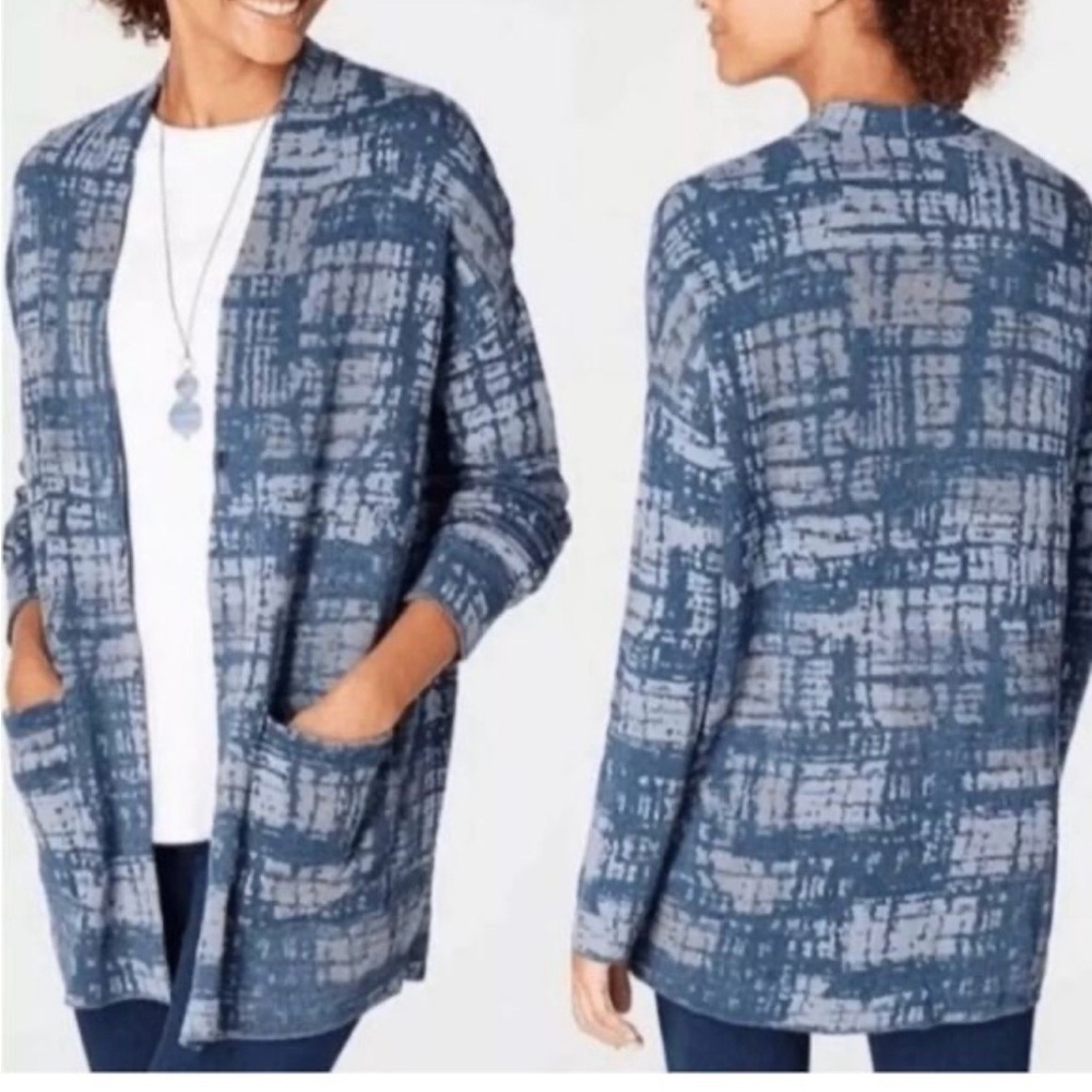 J Jill PureJill Indigo Blue Open Cardigan Relaxed Knit Pocket Sweater Womens S